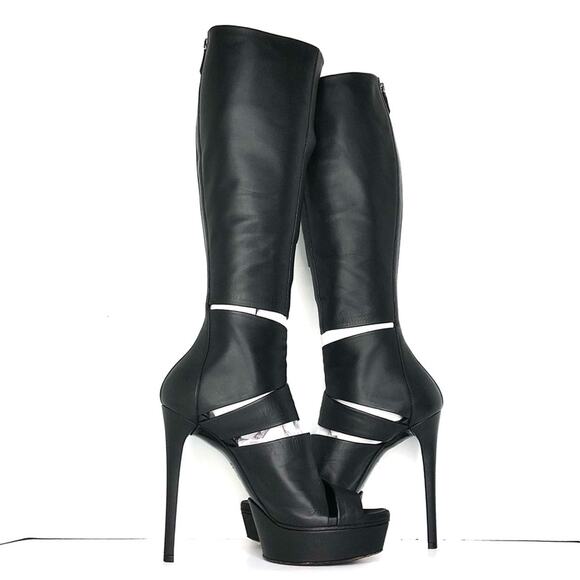 Gucci Helena Babylon Cutout Knee High Black Leather Platform Boots 37.5 - Picture 3 of 8